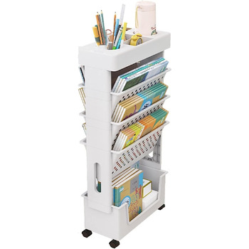 Мобільна книжкова полиця для класу біля столу, 5-ярусний візок на колесах, органайзер для столу, підставка для книг та журналів, вузький візок для зберігання речей у домашній бібліотеці