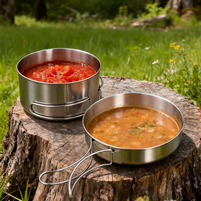 Набір посуду для кемпінгу ZOENHOU 4 предмети, каструлі з нержавіючої сталі 304 (900 мл 600 мл), сковорода 450 мл, тарілка 200 мл, для 2-3 осіб, для походу, пікніка