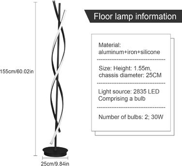 Світлодіодний торшер, Торшер з регулюванням яскравості, Торшер 155 см Світлодіодний торшер Вітальня Сучасний спіральний дизайн, 30 Вт, 3 колірні температури, кутовий торшер для спальні Вітальні Чорний