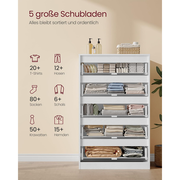 Комод VASAGLE з 5 шухлядами, комод, шафа з шухлядами, комод для білизни, для спальні, 40 x 60 x 97,4 см, колекція Modern Kailyn, білий LTS605WE01, 5 шухляд (60Ш см)