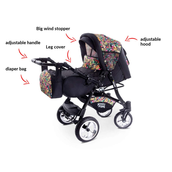 В 1 коляска коляска з автокріслом в комплекті дитяче автокрісло пеленальна сумка дощовик москітна сітка повна гума шини чорні/троп