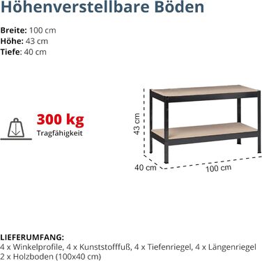 Стелаж SCHULTE Shelf World для важких умов експлуатації з 2 дерев&39яними полицями, 43x100x40 см (ВxШxГ), вантажопідйомність на полицю приблизно 150 кг, чорне текстуроване покриття, стелаж для зберігання, стелаж для підвалу, стелаж для майстерні, стелаж б