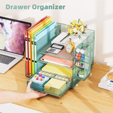 Настільний органайзер Marbrasse з тримачами для файлів, 4-рівневий лоток для листів, відділення, шухляди, підвісний тримач для ручок, сітчастий лоток для паперу для зберігання документів у домашньому офісі (зелений)