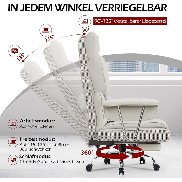 Ергономічне офісне крісло з висувною підставкою для ніг, регульоване по висоті робоче крісло, велика м&39яка спинка, індивідуальна поперекова підтримка, крісло керівника зі штучної шкіри, білий колір з підставкою для ніг