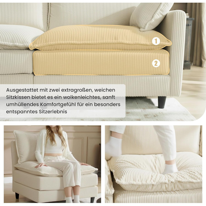 Диван APICIZON з функцією сну, диван &quotХмара&quot, L-подібний диван, кутовий диван - 275x132x80 см, XXL дивани, вельветовий розкладний диван для вітальні, бічна кишеня для журналів, бежевий 275 см - L бежевий