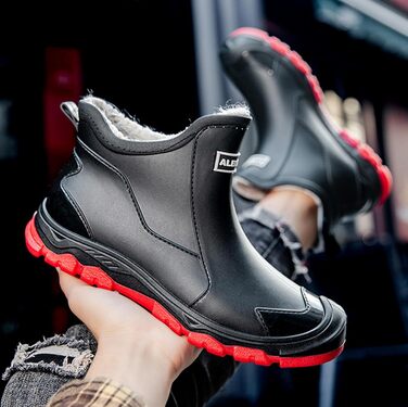 Водонепроникні гумові чоботи Pangolin з теплою підкладкою, чоботи-челсі з ПВХ для саду та щоденного використання, нековзка гумова підошва з протектором, короткі гумові чоботи для жінок та чоловіків, чорно-червоні, розмір ЄС 40