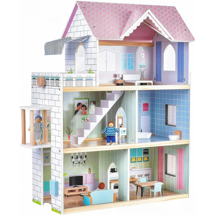 Дерев&39яний ляльковий будиночок "Гігантська квасоля", висотою 80 см, з ліфтом, дверним дзвінком, освітленням, 15 предметами меблів та 3 ляльками, іграшка-подарунок для дівчаток віком від 3 років