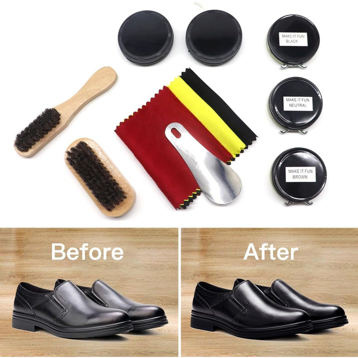 Набір для чищення взуття та набір із 12 предметів - набір для чищення шкіряного взуття з коричневим чорним воском, щітки для полірування взуття - компактний набір для чищення взуття