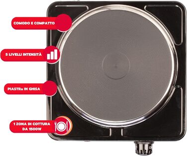 АРДЕС Електрична плита 1 1500 Вт чавунна варильна поверхня з лакованої сталі діаметром зверху 18,5 см і термостатичним термостатом модель TIKAPPA AR1F19 Black