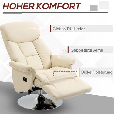 Крісло для телевізора HOMCOM з функцією відкидання, обертове крісло для телевізора з регульованою спинкою, м&39яке крісло-реклайнер, витримує вагу до 150 кг, штучна шкіра, для вітальні, кремово-білий колір