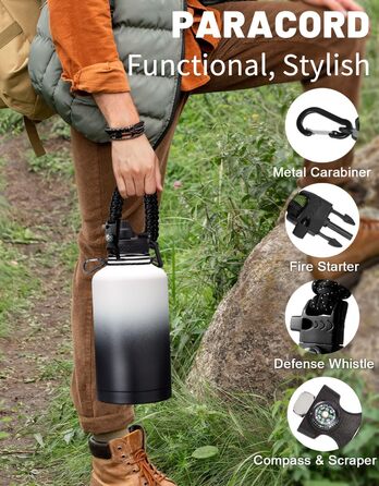 Ізольована пляшка для води з соломинкою - 1,8-літрова колба-термос з нержавіючої сталі з соломинкою для носика, кришкою, паракордо