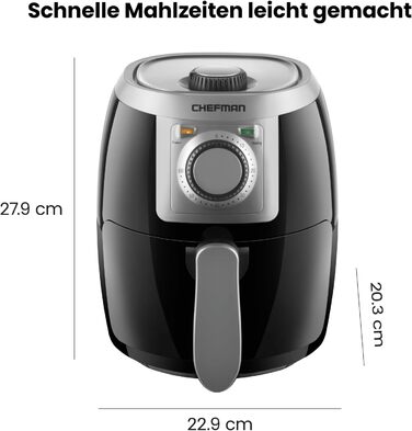 Фритюрниця Chefman TurboFry 1,9 літра, компактний розмір, 60-хвилинний таймер для швидкого та здорового приготування, для картоплі фрі, курки, м'яса, риби, овочів, можна мити в посудомийній машині, чорний