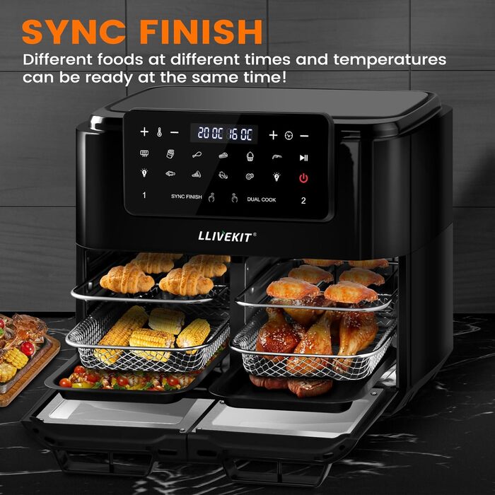 Двозонна фритюрниця LLIVEKIT 12 л, фритюрниця з роздільником може бути розділена, підходить для приготування їжі в подвійній зоні 5.5 літрів, оглядового вікна, внутрішнього освітлення, 10 програм, 9 аксесуарів, чорний 12 л чорний Inox знімний