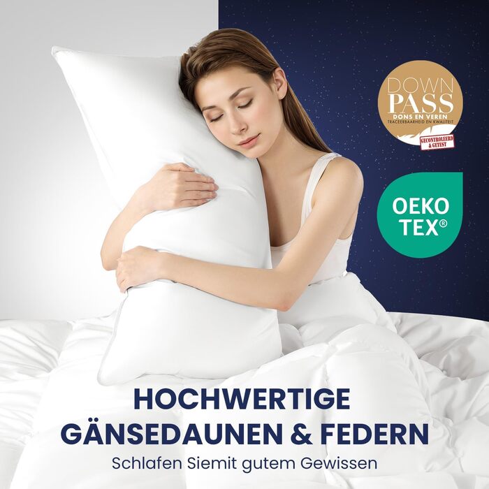 Пухова подушка DEITAS - 3-камерний дизайн для оптимальної підтримки шиї, м&39який та дихаючий чохол зі 100 бавовни, подушка для ліжка ідеально підходить для алергіків та дітей (Біла, 80x80 см ()) Біла 80x80 см ()