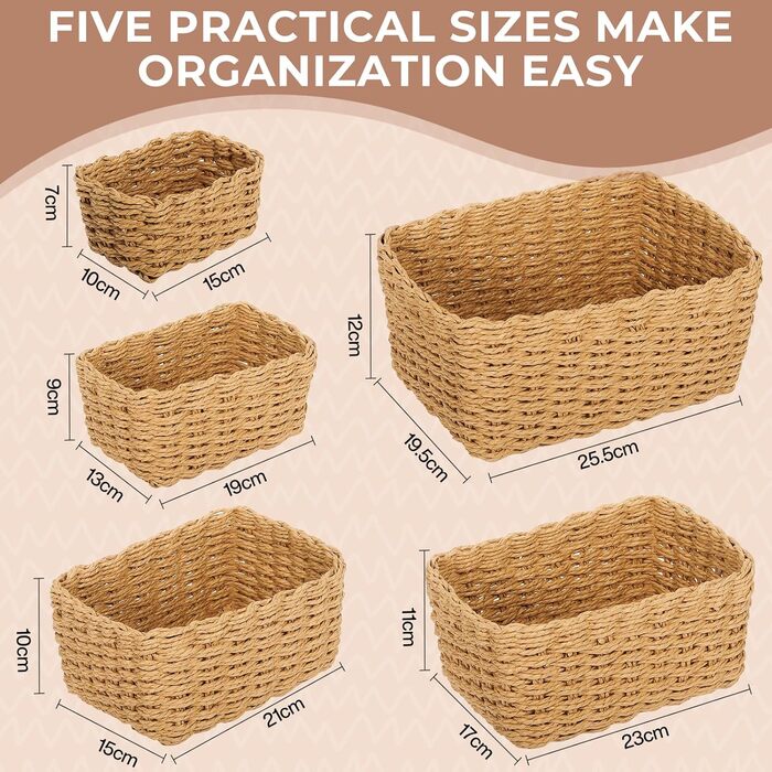 Набір із 5 плетених кошиків для зберігання, плетені кошики для зберігання з паперової мотузки, штабелювані кошики для зберігання одягу, кухні, ванної кімнати, зберігання іграшок