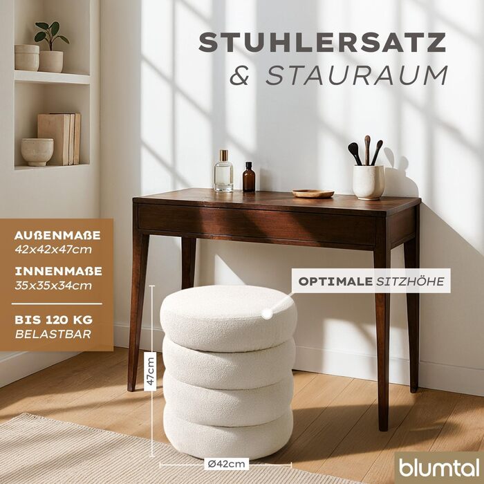 Круглий стілець Blumtal з чохлом з букле - міцний стілець з чохлом з тканини букле, 42 x 42 x 47 см - невеликий туалетний стілець - гарний вигляд букле - круглий стілець, кремове букле