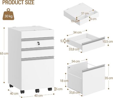 Контейнер на колесах Hzuaneri, шафа для документів, офісна шафа, що замикається, з 3 шухлядами, додаткове місце для зберігання зверху, шафа з шухлядами для формату DIN A4, Letter, для офісу, домашнього офісу, 40 x 40 x 70 см Білий FC41003XV1