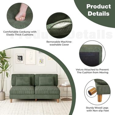 Місний диван Vesgantti Cord без підлокітників, 166 см. Сучасний тримісний диван з подушками, комбінований диван, ідеально підходить для вітальні, спальні, офісу, збирається без інструментів, 166 * 88 * 84 см. Зелений 3-місний диван., 3-