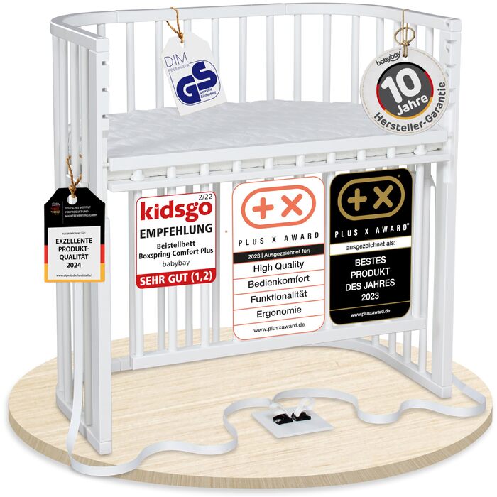 Приліжкове ліжечко Babybay Boxspring Comfort Plus, біле лаковане з матрацом Classic Cotton Soft, біле лаковане, 96Д x 56,5Ш x 96,5В см. З матрацом Classic Cotton Soft.