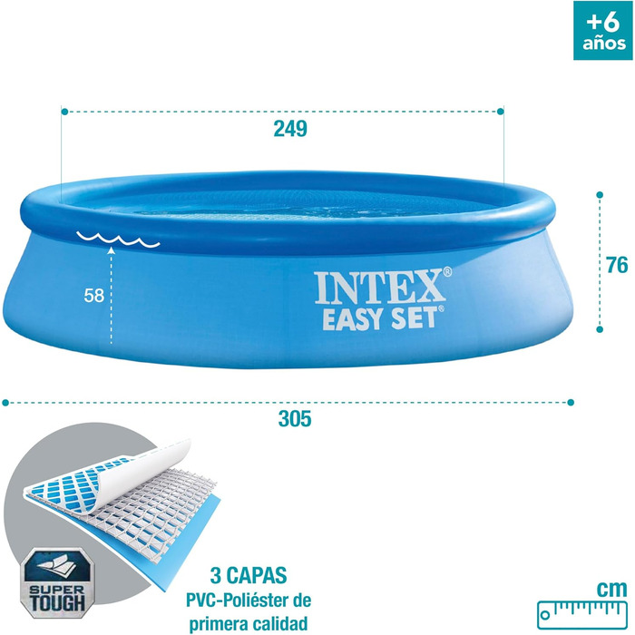 Круглий наземний басейн Easy Set, фільтрувальний насос 1250 л/год, 3853 л, ПВХ, синій, 305x76 см Ø 305 x 76 см, одинарний, 28122NP