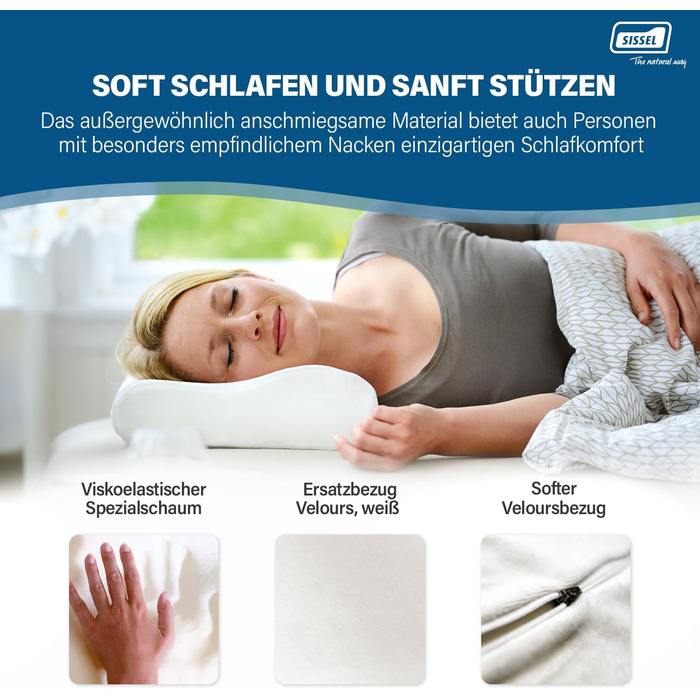 Подушка SISSEL Soft Curve Ніжна підтримка та комфорт В&39язкопружна піна Велюровий чохол, можна прати в пральній машині Полегшення для шиї та хребта, 63 x 31 x 8 см, білий