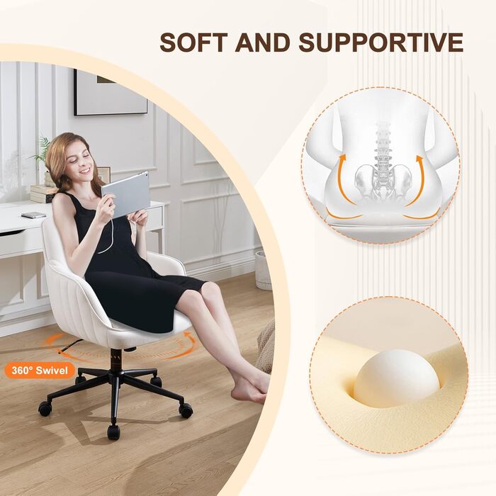 Офісне крісло, для домашнього офісу, оксамитове крісло-туалет, вантажопідйомність до 136 кг, ергономічне, регульоване по висоті обертове крісло, робоче крісло з поворотом на 360, тихі коліщатка, для кабінету, спальні, для домашнього офісу, білий оксамит, 