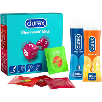 Презервативи Durex Surprise Me Set Surprise Me - Оптова упаковка 30 шт. (1 x 30 шт. ) і пробний пакет Play Gel Lubricant для нього та неї Підігрів і відчуття (2 x 100 мл)