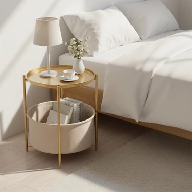 Круглий приставний столик danpinera, золотий приставний столик із місцем для зберігання, маленький столик для ліжка, круглий металевий маленький столик для вітальні, спальні, дитячої кімнати, золотий з тканинним кошиком для зберігання
