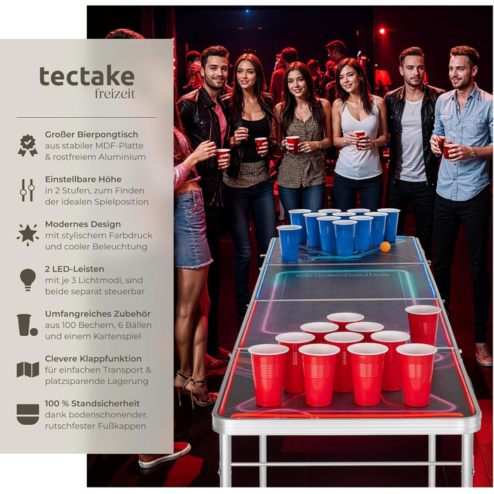 Стіл для пивного понгу tectake з декорацією для вечірки, світлодіодним освітленням, стіл з регульованою висотою, розкладний стіл, комплект з аксесуарами, стіл для пивного понгу, 100 пластикових стаканчиків, 6 м&39ячів та карткова гра з напоями BeerWars I