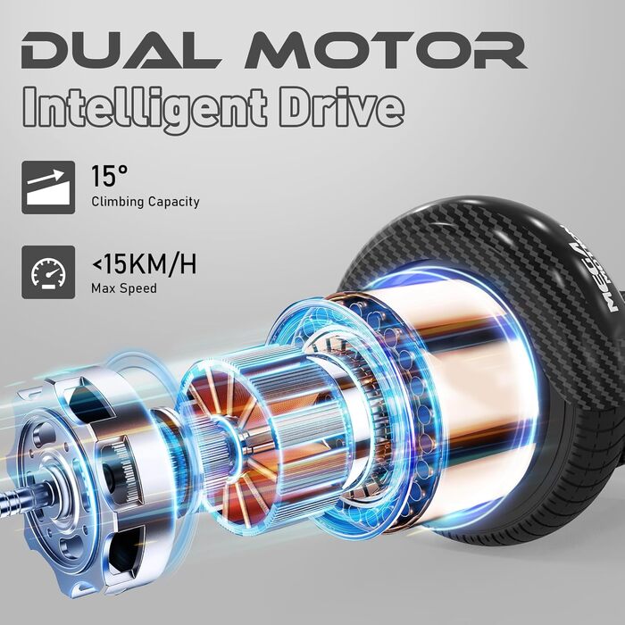 Гіроскутер MEGA MOTION 6,5 дюймів з ховеркартом – для дітей, молоді та дорослих, з Bluetooth-динаміком, світлодіодним підсвічуванням, чорний картинг