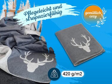 М&39яка ковдра ZOLLNER 150x200 см - Пухнаста та м&39яка двостороння ковдра у двох простих кольорах - Модне плетене обличчя з оленячою головою сірого кольору - Змішана тканина - Можна прати при температурі до 40C - Сертифікована сіра двостороння ковдра Oek