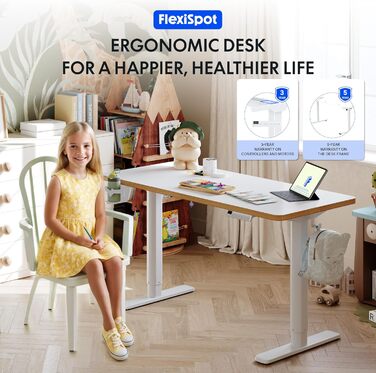 Дитячий письмовий стіл FLEXISPOT, з електричним регулюванням висоти, для дітей віком від 6 років, зі світлодіодним дисплеєм висоти, 3 положеннями пам&39яті, блокуванням від дітей та ергономічною стільницею, 110 x 52 см, білий