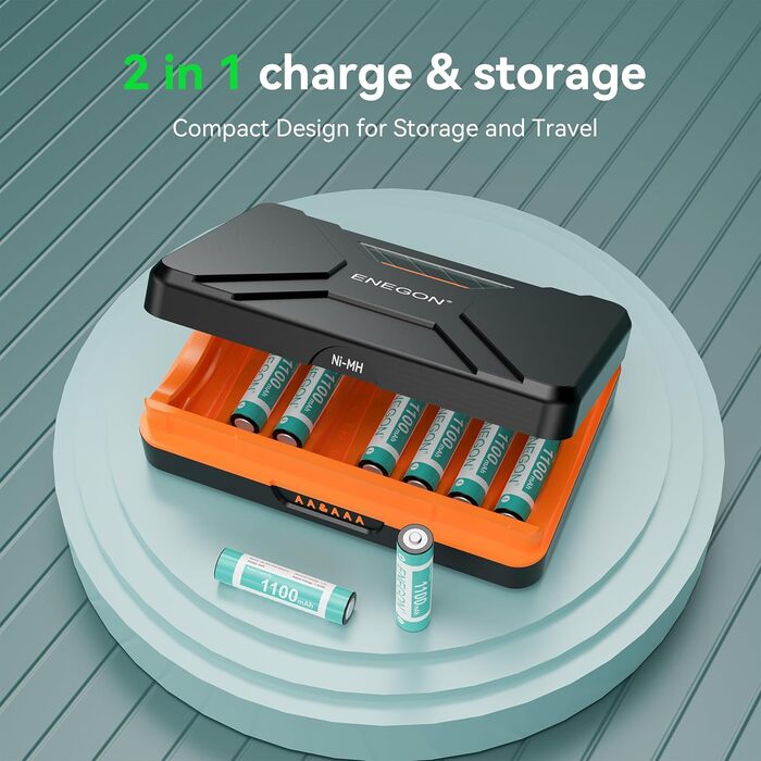 Швидкий зарядний пристрій ENEGON на 8 відсіків для батарейок AA/AAA з РК-дисплеєм 8 акумуляторних нікель-металгідридних батарейок AAA (1100 мАг), зарядна станція USB-C з відділенням для зберігання для пультів дистанційного керування, термометрів та електр