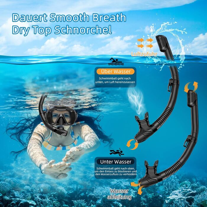 Набір для дорослого з маскою, спорядження для підводного плавання, лінзи із загартованого скла із захистом від протікання та запотівання, маска для плавання з панорамним видом, суха кришка, набір для підводного плавання та дайвінгу, чорний