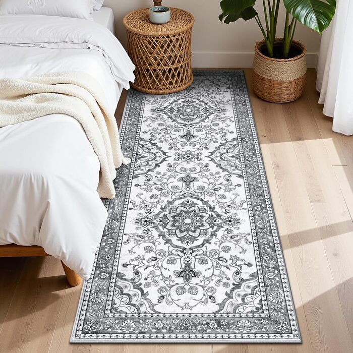 Кухонний килимок 60 x 180 см, високоякісний нековзний килимок для передпокою, традиційний довгий килимок, який можна прати, ретро, м&39який килимок для вітальні, офісу, коридору, сірий, 60 x 180 см