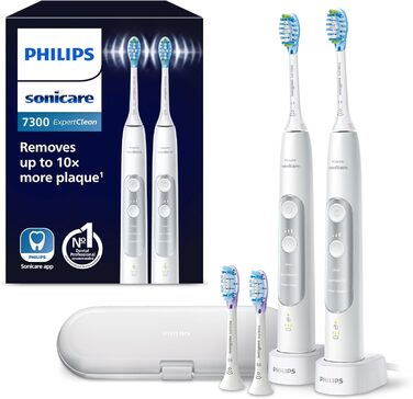 Електрична зубна щітка Philips Sonicare ExpertClean 7300, звукова зубна щітка з додатком, 3 режими чищення та 3 рівні інтенсивності, датчик тиску, дорожній футляр, сріблясто-білий, 2 упаковки, модель HX9611/19