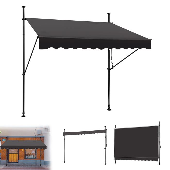 Тент із затискачем та ручним кріпленням, ширина 200 см, регульований балконний тент без свердління, сонцезахист, стійкий до ультрафіолету, водовідштовхувальний, тент для патіо або балкону, антрацит 200x120 см
