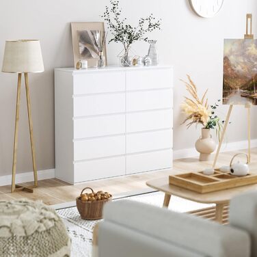 Білий комод з 5 шухлядами, вузький комод для спальні, коридору, вітальні, 55x33x100 см