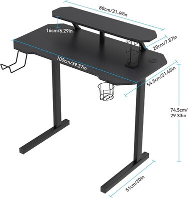 Ігровий стіл з підставкою для монітора, Т-подібний стіл, чорний, ергономічний комп&39ютерний стіл, покриття з вуглецевого волокна, ігровий ПК, тримач для напоїв, підставка для геймпада, тримач для навушників, 100x54x74 см