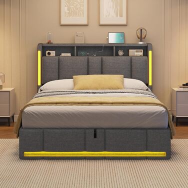 М&39яке ліжко 140x200 з розетками та світлодіодним освітленням, двоспальне ліжко 140x200 з узголів&39ям для зберігання та гідравлічним відділенням для зберігання, каркас ліжка з рейковою основою, дитяче ліжко, льон, без матраца, темно-сірий 140x200 см тем