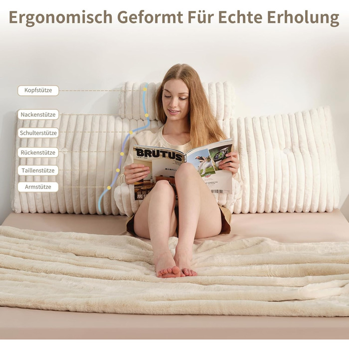 Подушка-книжка Z-hom, клиноподібна подушка, подушка для читання для ліжка та дивана, затишна подушка для спини, практична бічна кишеня, знімний чохол, з круглою подушкою для голови (версія з довгим ворсом, 150 * 50 * 20 см) 150*50*20 см