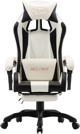 Геймерське крісло з підставкою для ніг, підголівником, поперековою опорою, офісне крісло, обертове крісло, крісло керівника, письмове крісло, спортивне сидіння, гоночне, чорно-біла штучна шкіра