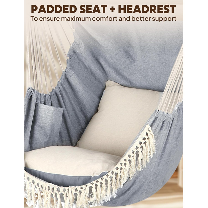 Підвісне крісло Chihee, підвісна гойдалка, 2 подушки сидіння в комплекті, міцні ремені та гачки, легко повісити, підвісне крісло виготовлене з м&39якої бавовняної тканини, бічна кишеня, великий комплект крісел з китицями, зручний комплект крісел для дому/