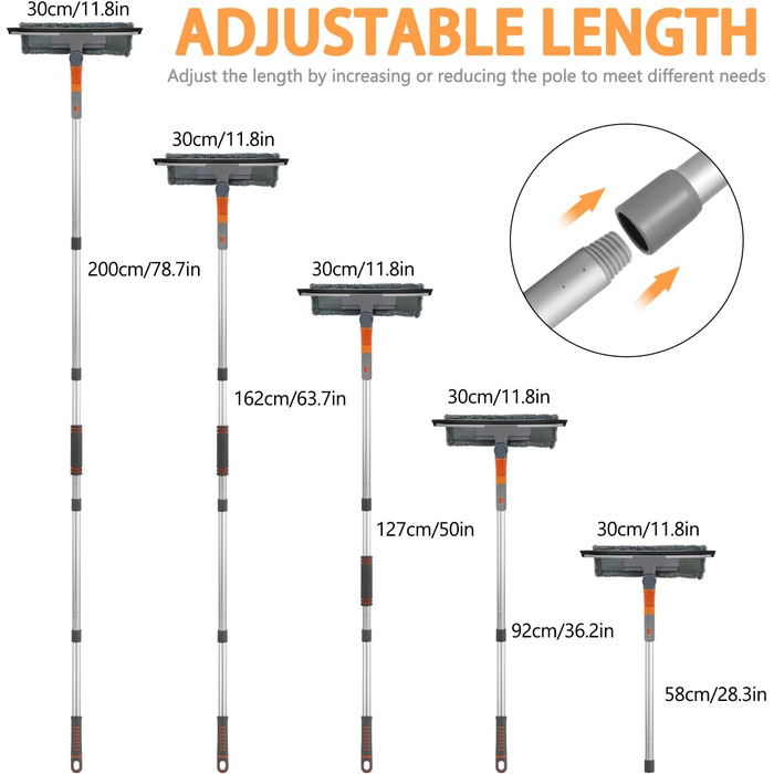 Склоочисник з телескопічною ручкою - професійний телескопічний мийник вікон Tendak 3 в 1 від 23 см до 200 см Засіб для миття вікон Засіб для миття скла для високих вікон, внутрішнього та зовнішнього душу