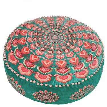 Бірюзовий круглий пуф-пуф з оксамитовою вишивкою Мяка вишита підлогова подушка з марокканським візерунком, діаметром 60 см, ідеально підходить для вітальні, спальні або кімнати для медитації. Бірюзовий колір 59Г x 59Ш x 20В см