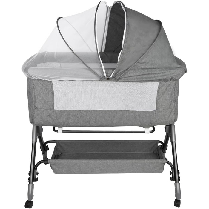 Дитяче ліжечко Kedia, зі сплячим місцем на боці, дитяче ліжко з москітною сіткою, дорожнє ліжечко з колесами, 4 регулювання висоти, дитячі ліжечка-колиска, 104 * 52 * 103-115 см (сіре)