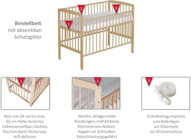 Дитяче ліжечко Micky Plus - Натуральний лак - Ліжечко 60120 см - Плавне регулювання висоти 3-в-1 - Ліжечко з бортиками для перетворення та системою ременів безпеки - Чудово підходить для ліжок з пружинним блоком