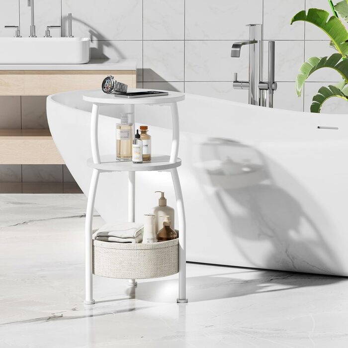 Круглий приставний столик, 3-ярусний круглий маленький столик, маленький журнальний столик, тумбочка біля ліжка, з тканинною кишенею, столик для вітальні, тканинний кошик, диванний столик для декору кімнати, дерево, метал, сучасний (білий)