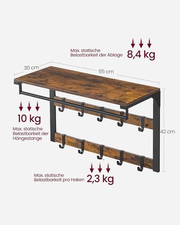 Настінна вішалка VASAGLE, з полицею, настінна полиця з 10 знімними гачками, підвісна полиця, настінне кріплення, 2 вішалки, вішалк