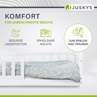 Дитяче ліжко Juskys Marli 90 x 200 см з матрацом, захисними поручнями, рейковою основою та дахом - Ліжко-будиночок з масиву дерева для дітей - Ліжко білого кольору